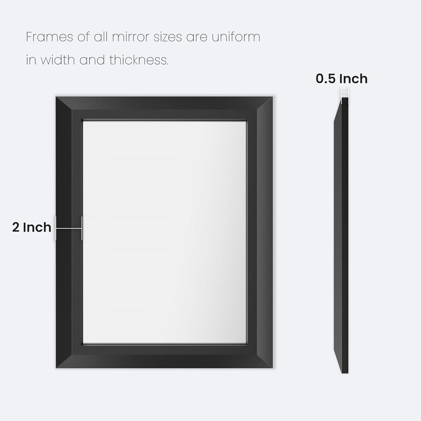 Black Bathroom Mirror 50x30 Inch Over Two Sinks Wall Mount with uniform black frame thickness and dimensions