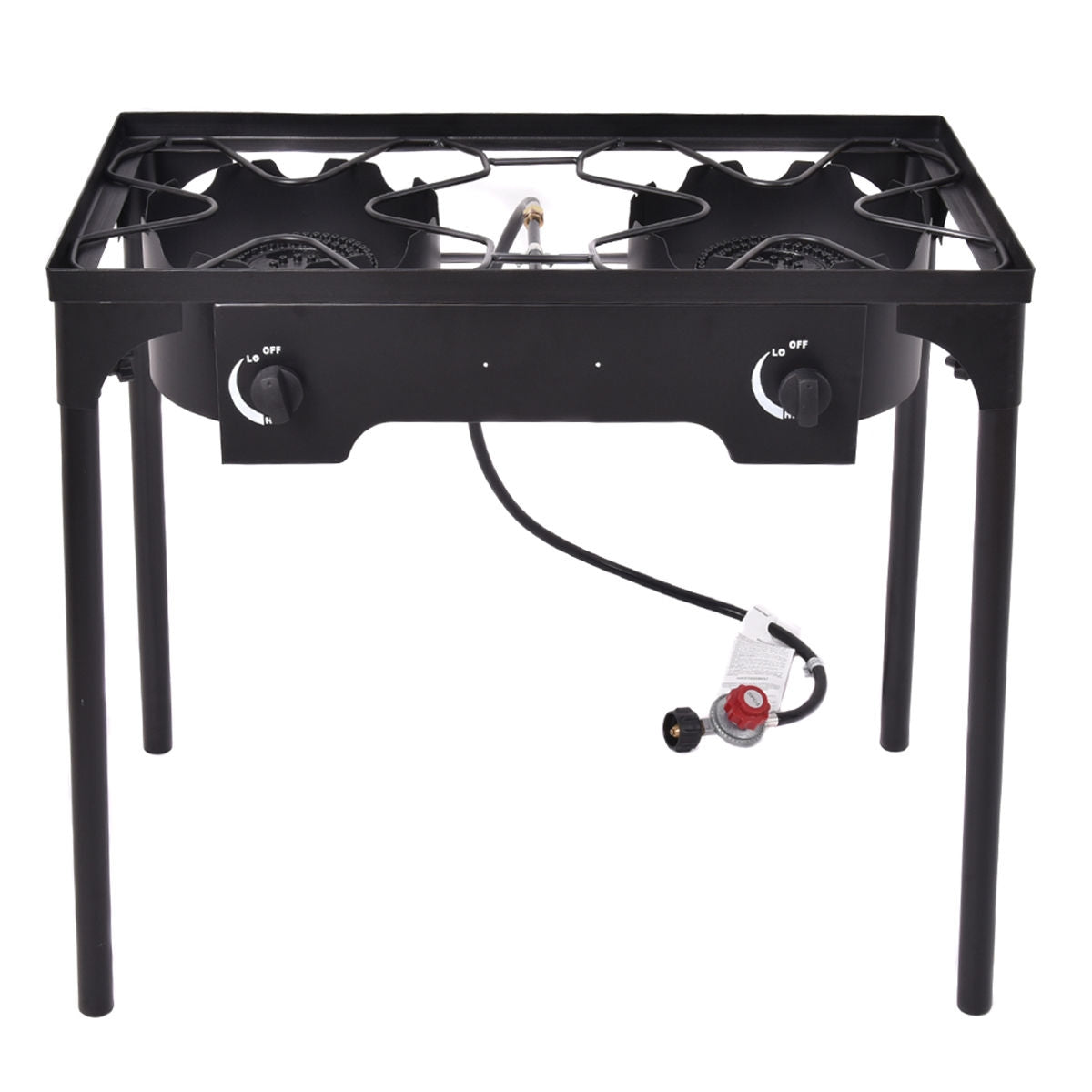 150000 BTU Double Burner Outdoor Stove BBQ Grill with adjustable legs and cast iron construction for powerful cooking.