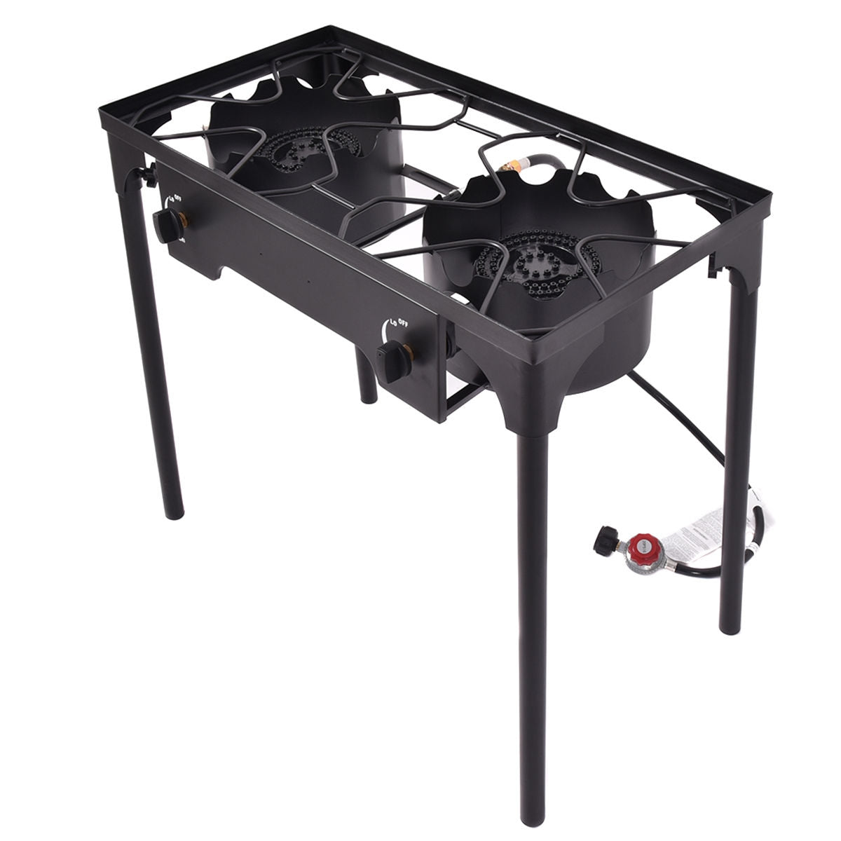 150000 BTU Double Burner Outdoor Stove BBQ Grill with adjustable legs and heavy-duty cast iron construction, ideal for group cooking.