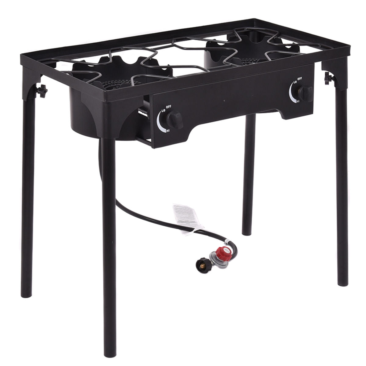 150000 BTU Double Burner Outdoor Stove BBQ Grill with removable legs and adjustable heat dial, made of heavy duty cast iron.