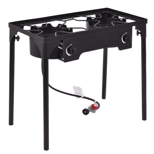 150000 BTU Double Burner Outdoor Stove BBQ Grill with removable legs and adjustable heat dial, made of heavy duty cast iron.