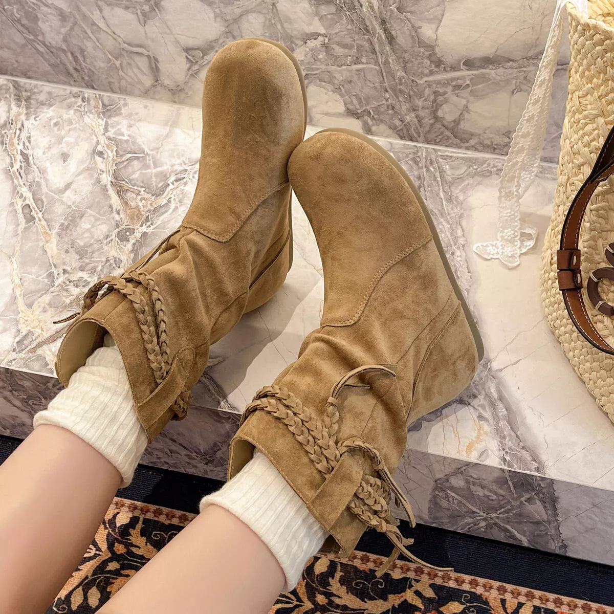 Suede Fringe Round Toe Boots with Block Heel