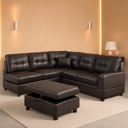 Brown Leather Sectional Sofa Set With Storage Ottoman And Left Facing Chaise in living room setting.