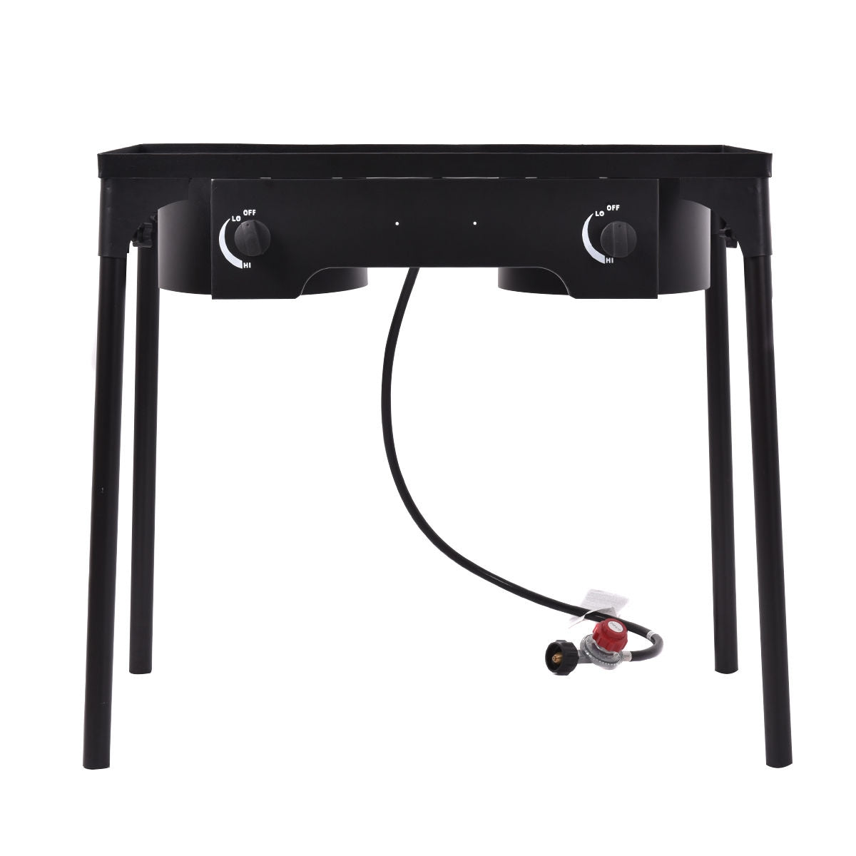150000 BTU Double Burner Outdoor Stove BBQ Grill with adjustable legs and heavy-duty cast iron construction.