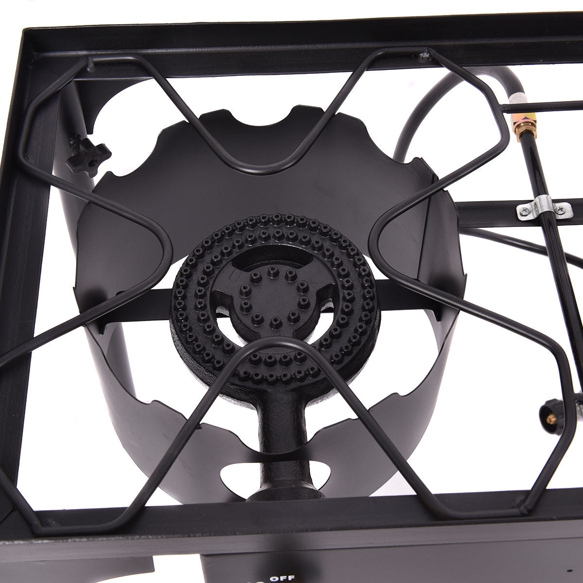 Top view of a 150000 BTU Double Burner Outdoor Stove BBQ Grill showcasing heavy duty cast iron burner.
