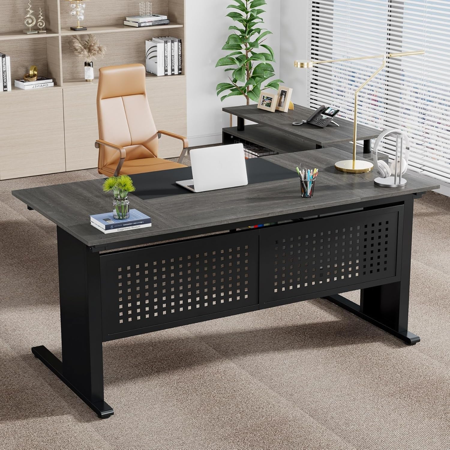 63 Inch Executive Desk With Integrated Cabinet Gray in modern office setting