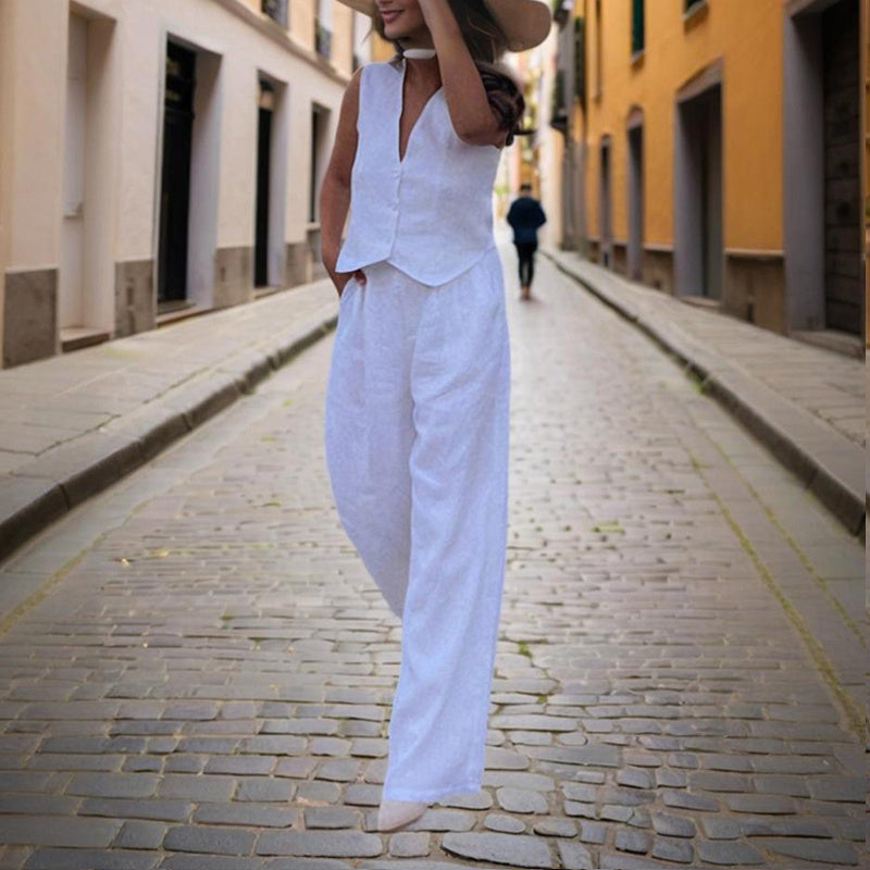 Women’s V‑Neck Button‑Front Vest & High‑Waist Pants Set