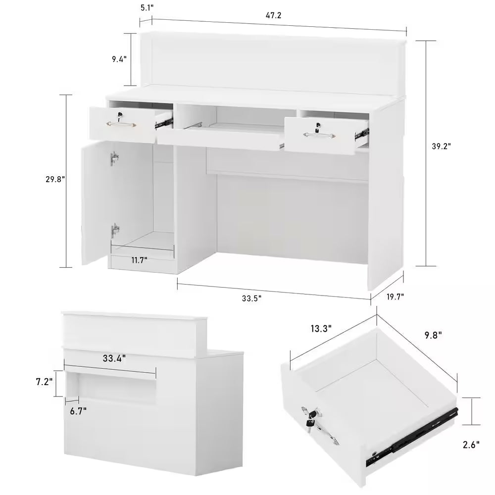 Dimensions of Natural White Corner Computer Desk with Hutch and Storage, including drawers and shelves layout, shown in detailed diagram.