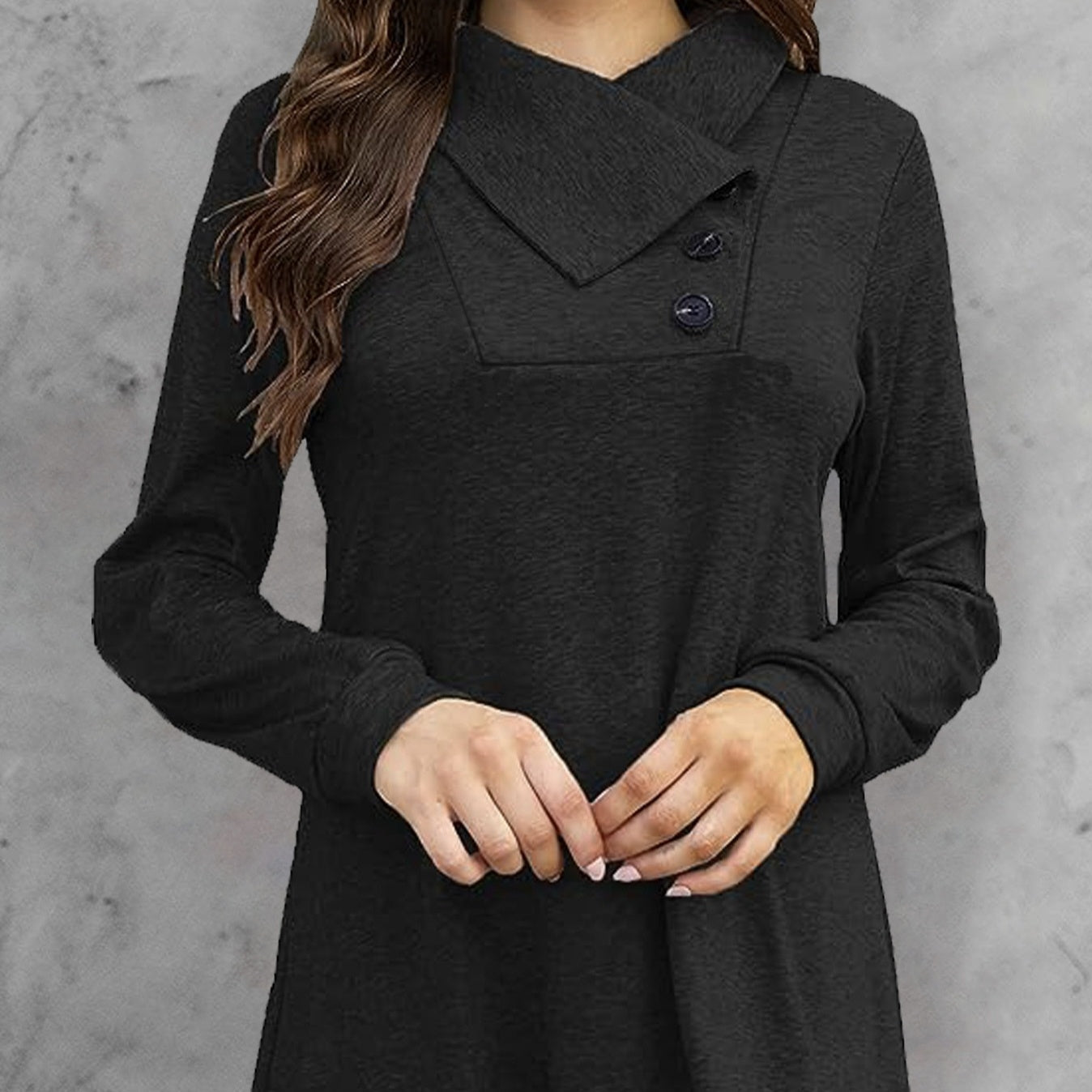 Women's Fashionable Long Sleeved Hood Collar Button Waist Top T-shirt in black polyester with casual fit, perfect for spring and autumn.