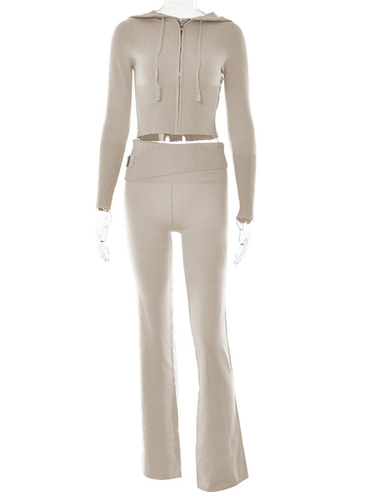 Long Sleeve Sweater And High Waist Long Pants Set in beige from Diversi Fashion, showcasing a sophisticated and cozy style for women.