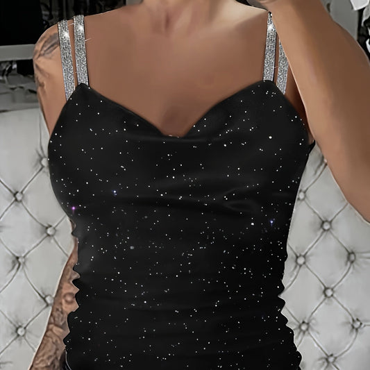 Sequin V-Neck Camisole – Rhinestone Strap Sparkly Top