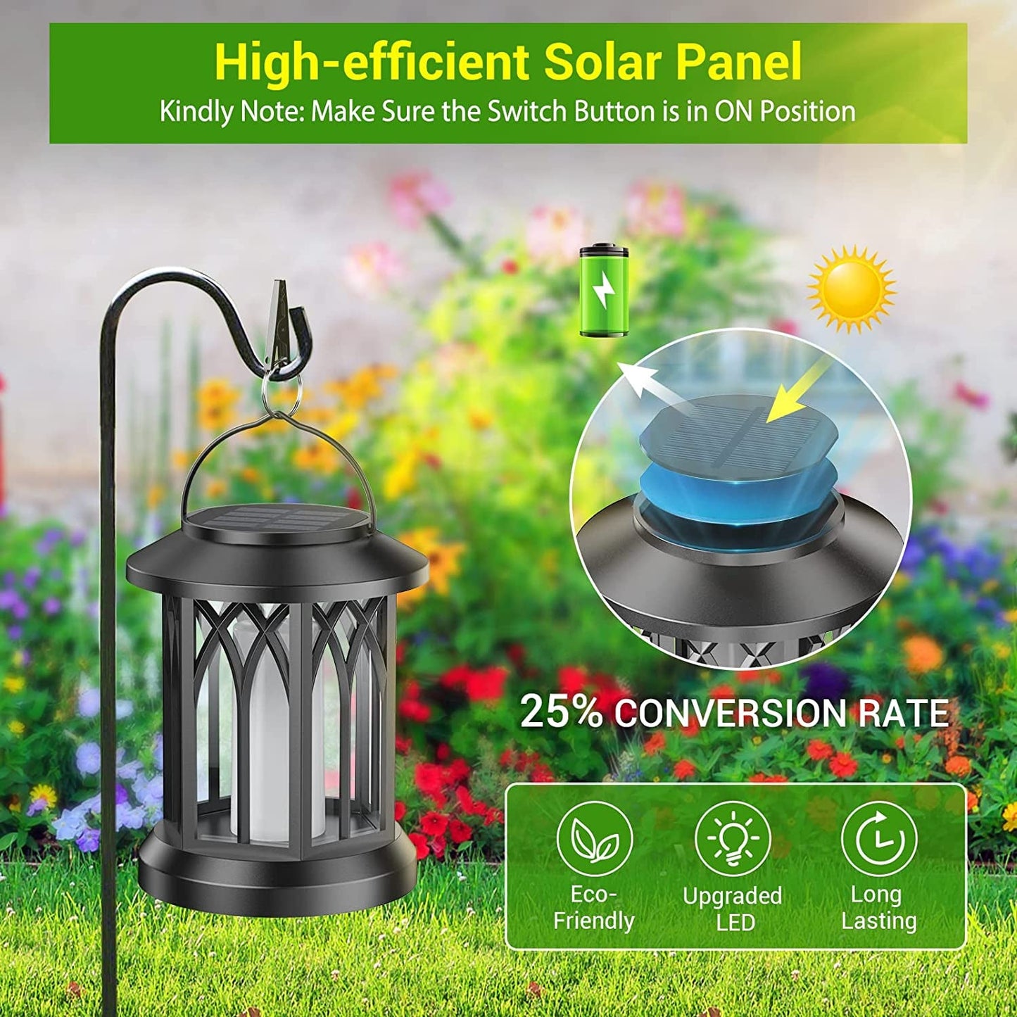 KOOPER Solar Lanterns – Vivid Dancing Flame Outdoor Lights for Garden & Patio with solar panel efficiency details