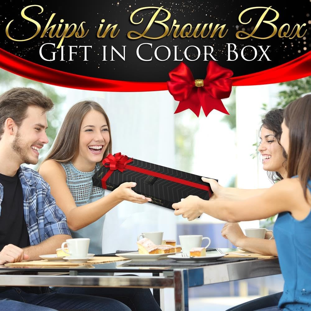 Friends exchanging a gift wrapped in a color box at breakfast, showcasing Ships in Brown Box Gift in Color Box with red bow.