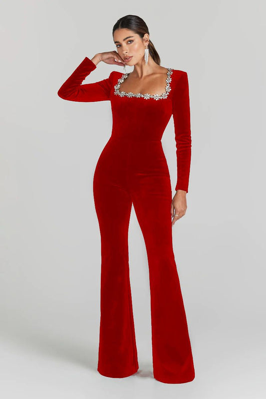Model wearing Women’s Diamond-Encrusted Square-Collar Flared Jumpsuit in red