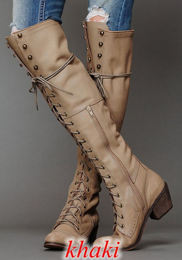 Khaki Women’s Over-the-Knee Boots – Round Toe Stylish Tall Winter Boots with lace-up design and side zipper.