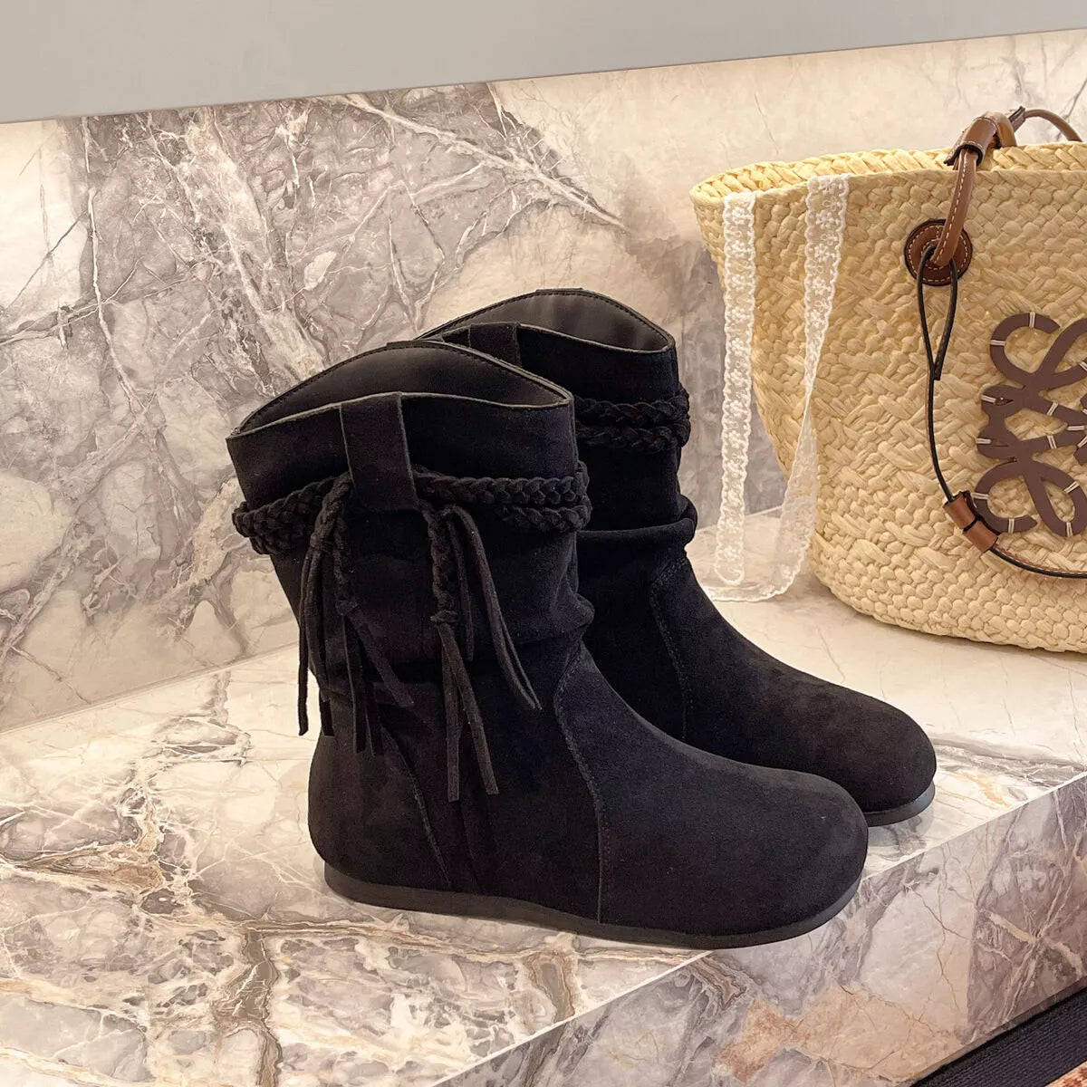 Suede Fringe Round Toe Boots with Block Heel