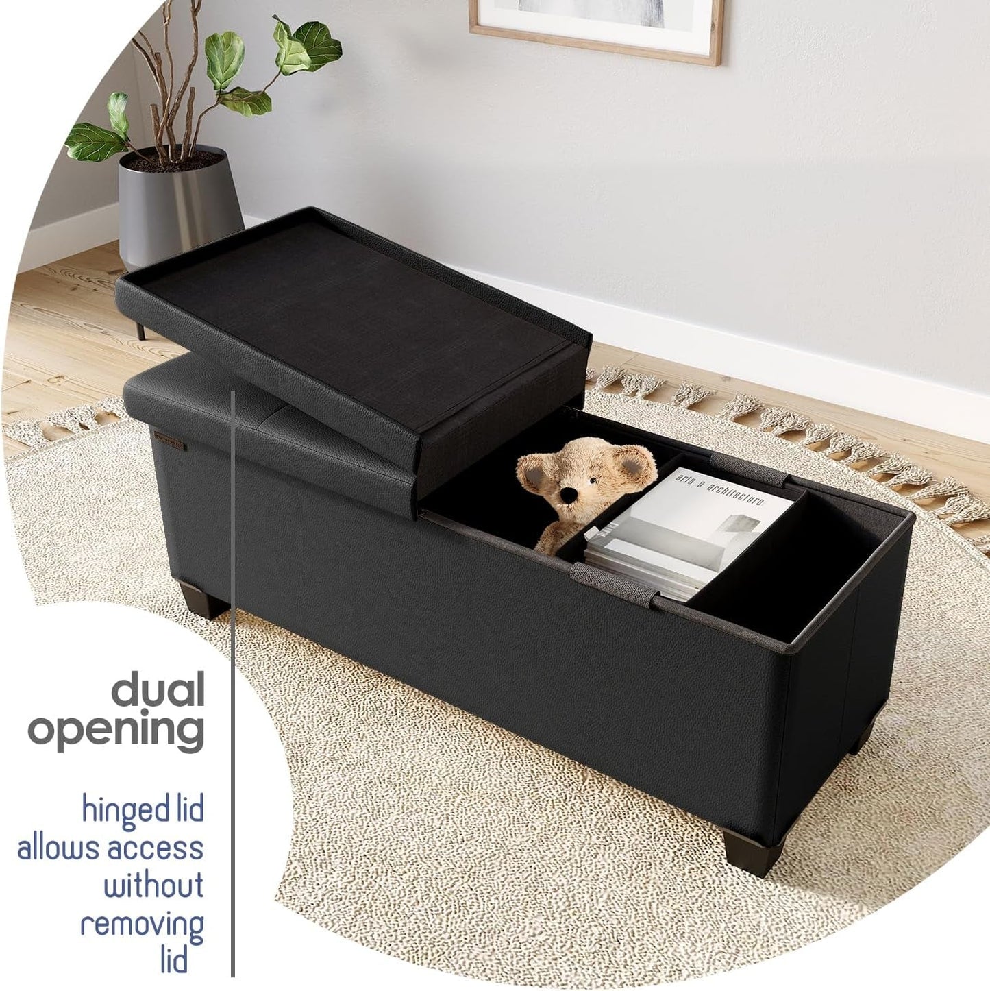 Black Forty ThreeInch Premium Multifunctional Storage Ottoman Bench with open lid showing storage space, teddy bear, and magazines.