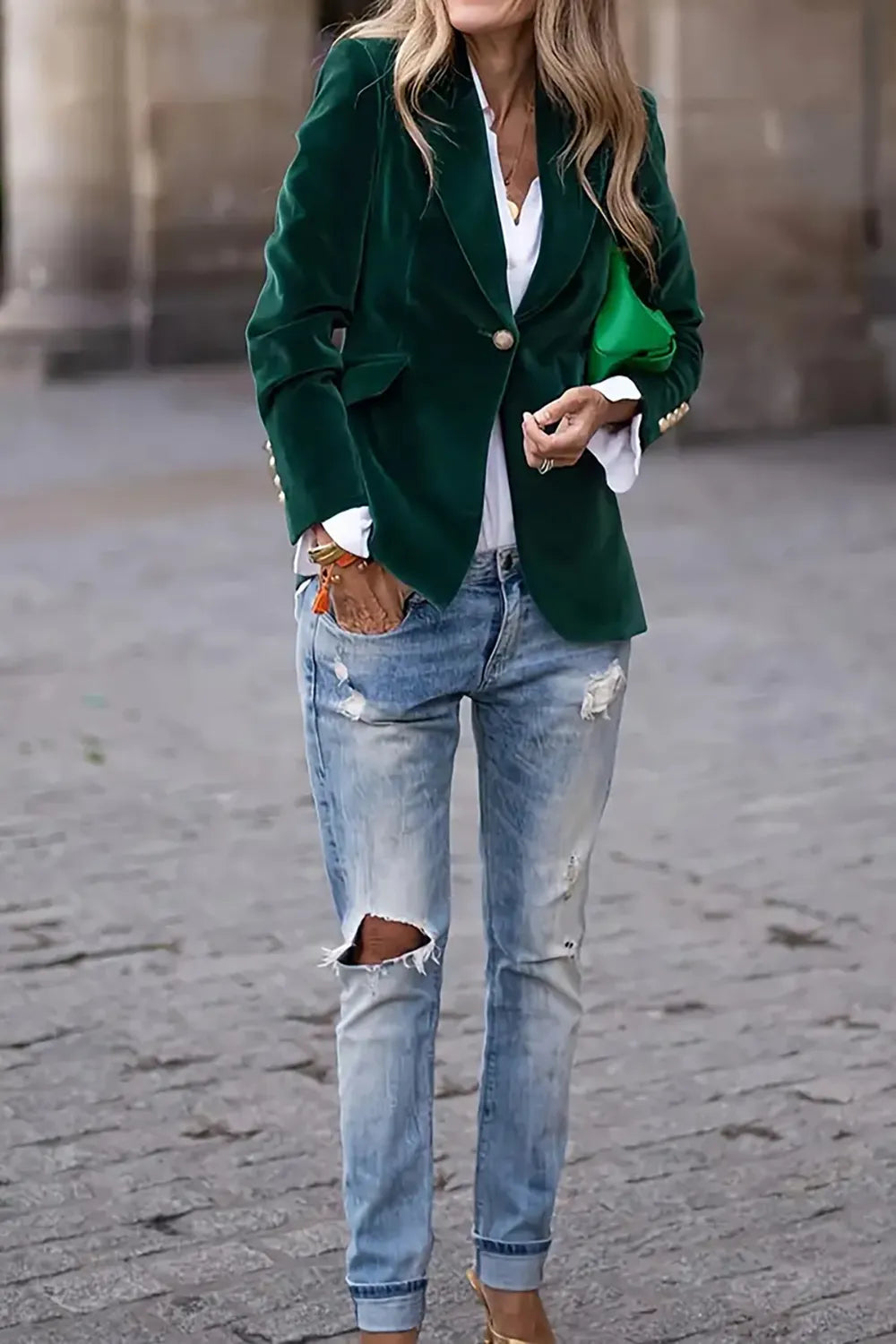 Woman wearing One-Button Lapel Collar Long Sleeve Blazer for Women, styled with distressed jeans and a white shirt, outdoors.