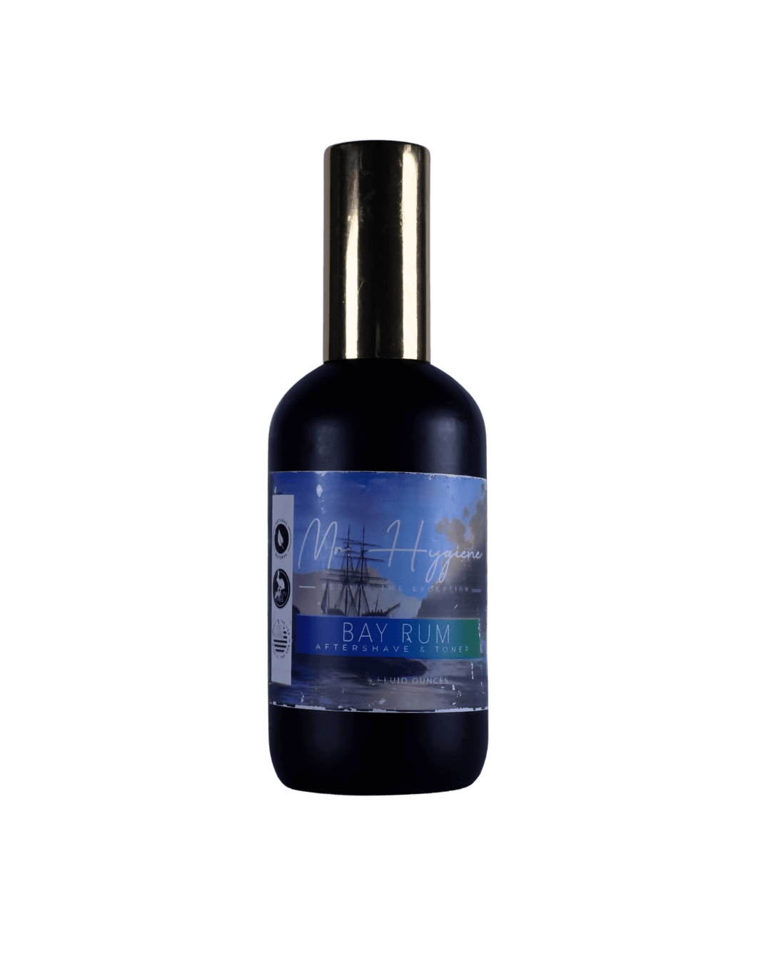 Bay Rum Aftershave bottle with nourishing formula for skin hydration and youthful complexion, perfectly suited for men's grooming.
