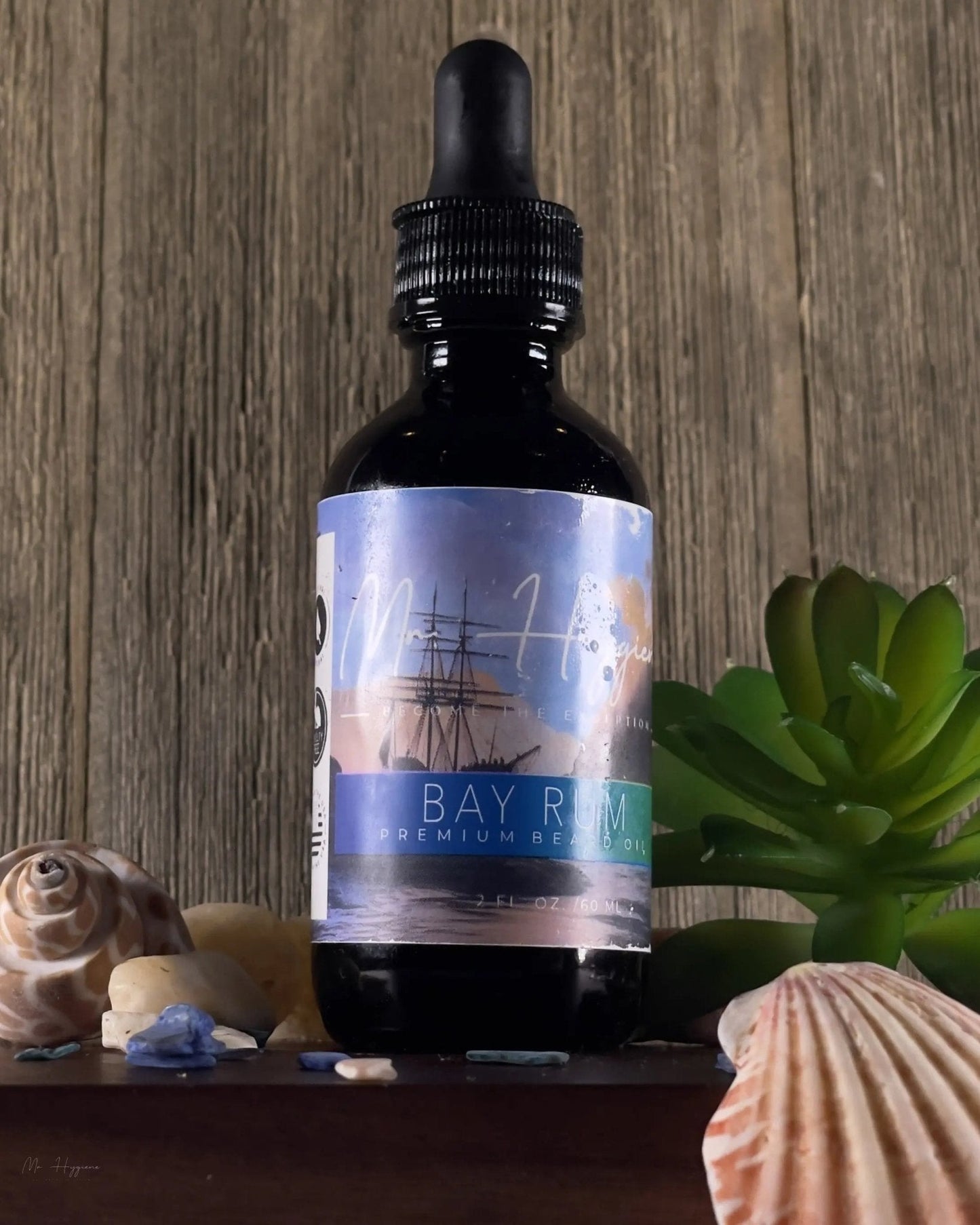 Bay Rum Beard Oil – Classic Scent, Bold Control bottle against rustic background with shells, ideal for men's grooming.