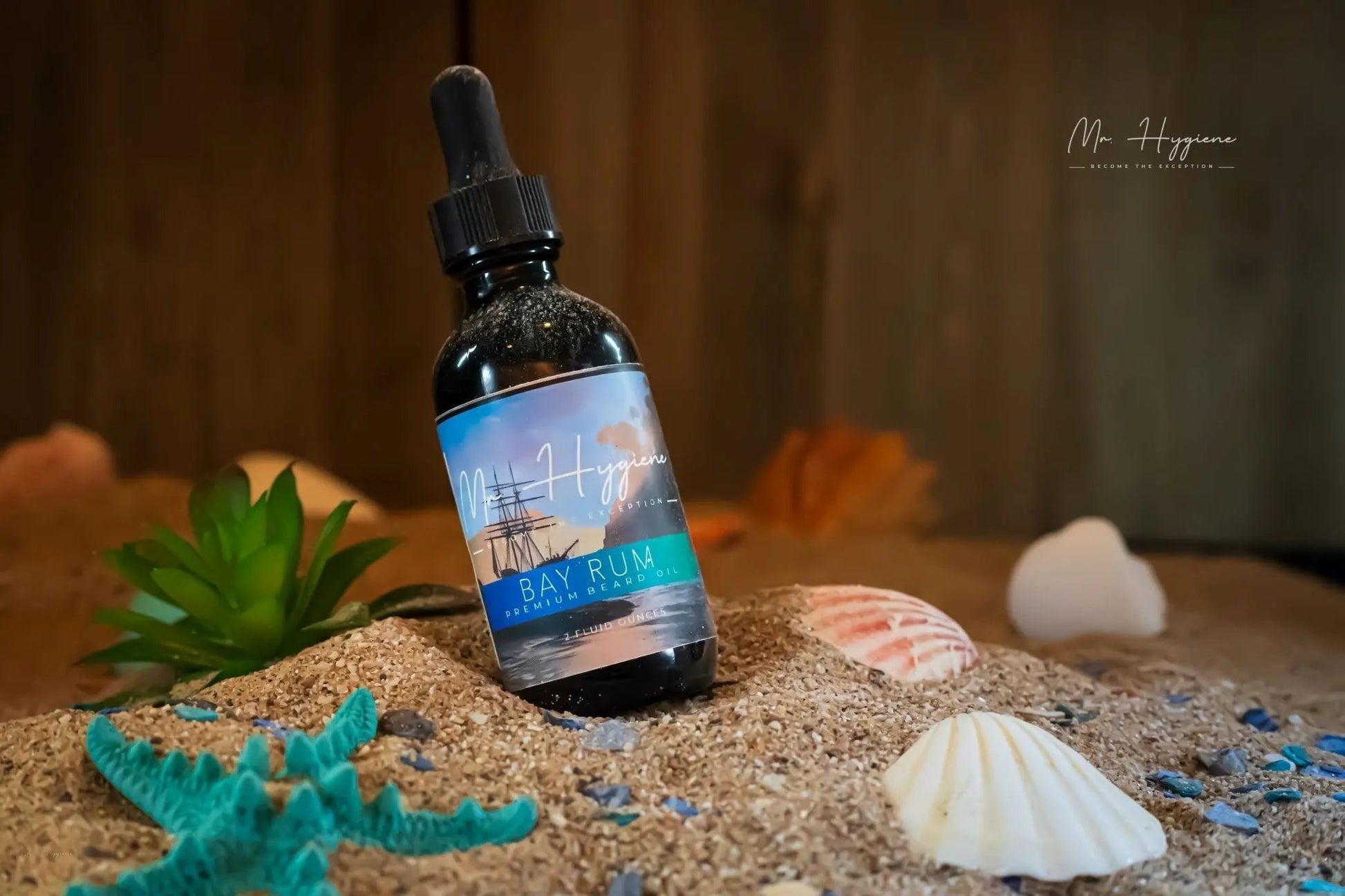 Bay Rum Beard Oil – Classic Scent, Bold Control in a beach-themed setting with seashells and starfish.