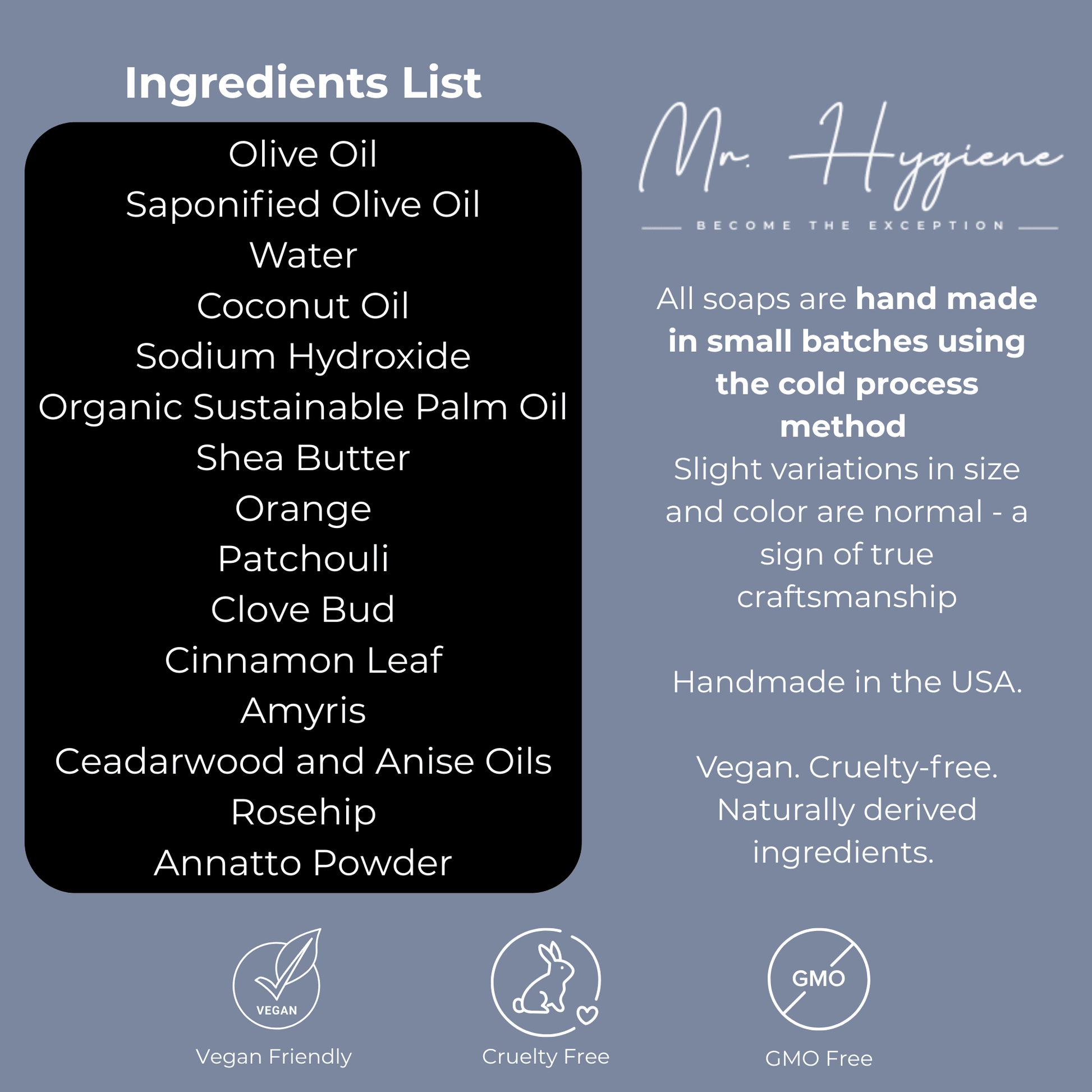 Ingredients list for Bay Rum Mens Soap – Classic Scent, Modern Clean, featuring natural and vegan-friendly elements with handmade craftsmanship.