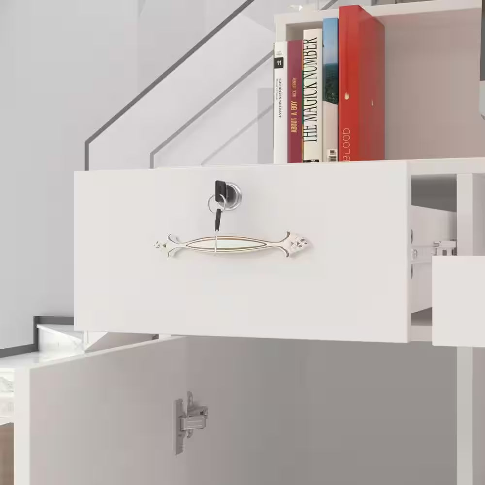 Close-up of Natural White Corner Computer Desk with Hutch and Storage drawer with a lock and key, showcasing elegant handle design.