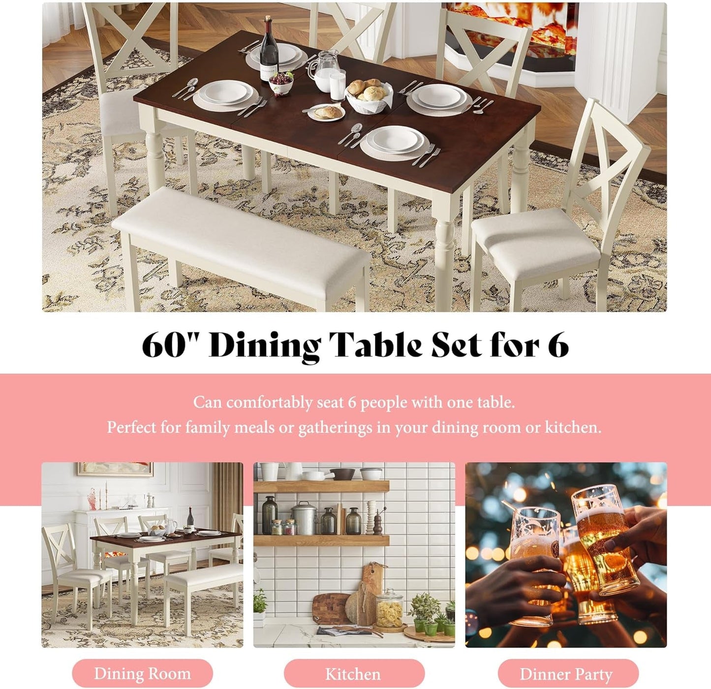 Sixty Inch Solid Wood Walnut Finish Dining Table Set Upholstered Chairs, perfect for dining room gatherings and elegant meals.