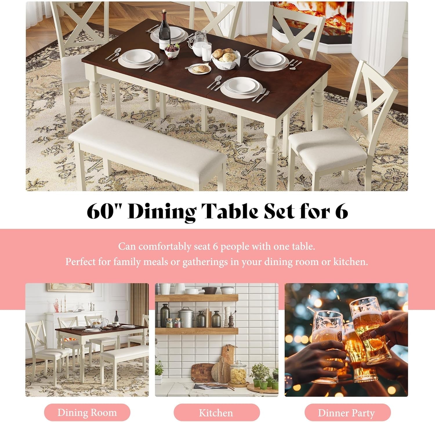 Sixty Inch Solid Wood Walnut Finish Dining Table Set Upholstered Chairs, perfect for dining room gatherings and elegant meals.