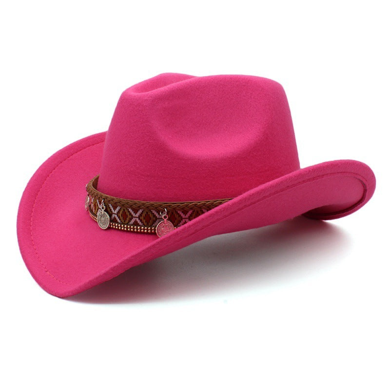 Western Charm Woolen Cowgirl Hat in rose red with woven band and charms