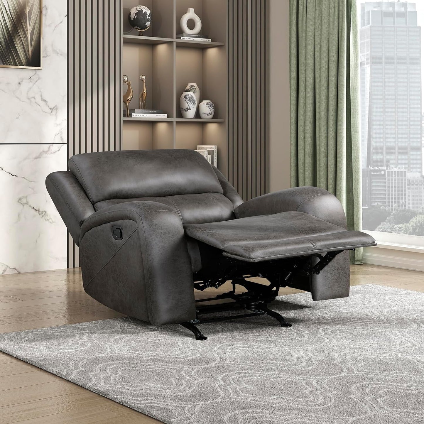 Grey Rocker Recliner Chair With Manual Recline Living Room in stylish setting