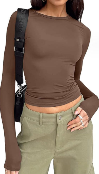 Slim Fit Long Sleeve Shirt | Women's Casual Crop Tops, brown pullover top with stylish collar and long sleeves for women.