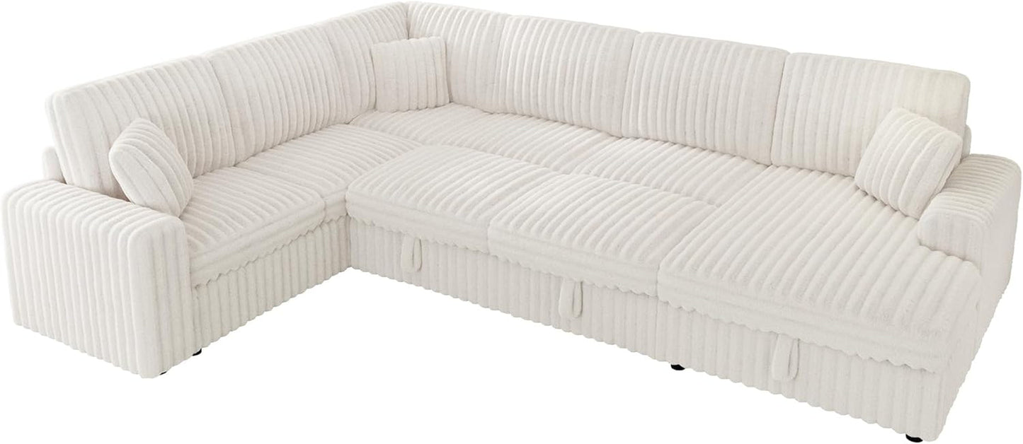 One Hundred Thirty Inch Sleeper Sofa With White Faux Fur in U-shaped design, featuring deep cushions and sleek lines for a modern living room.