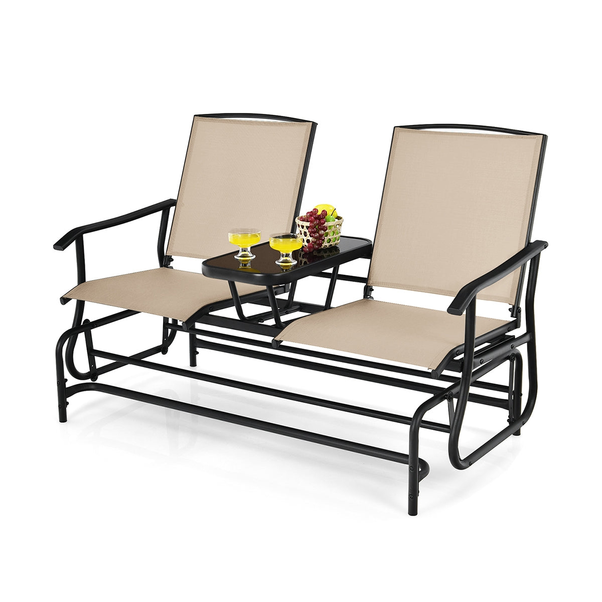 2-Person Rocking Loveseat with Mesh Fabric and Tempered Glass Table, featuring sturdy frame and comfortable seating for outdoor use