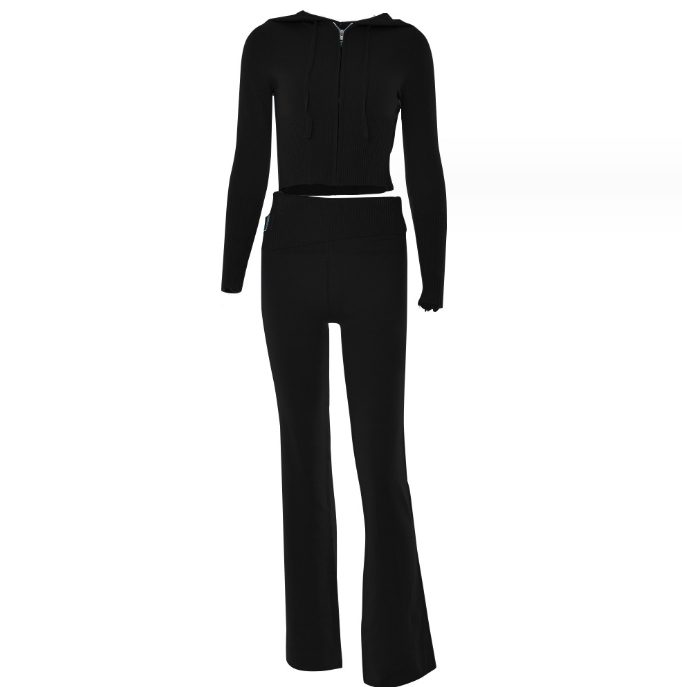 Long Sleeve Sweater And High Waist Long Pants Set in black, showcasing comfortable and stylish apparel from Diversi Fashion.