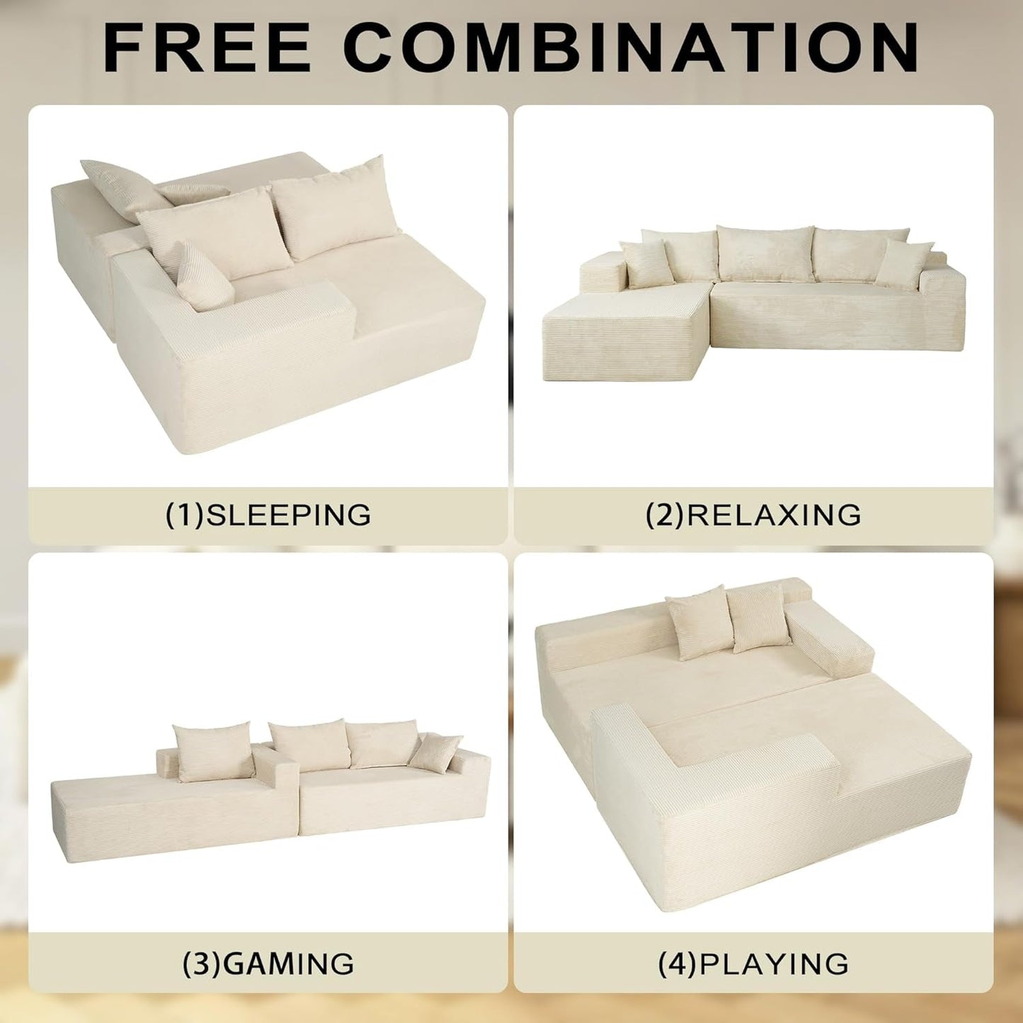 Beige L-Shape Modular Sectional Couch for Living Room showing versatile combinations for sleeping, relaxing, gaming, and playing.