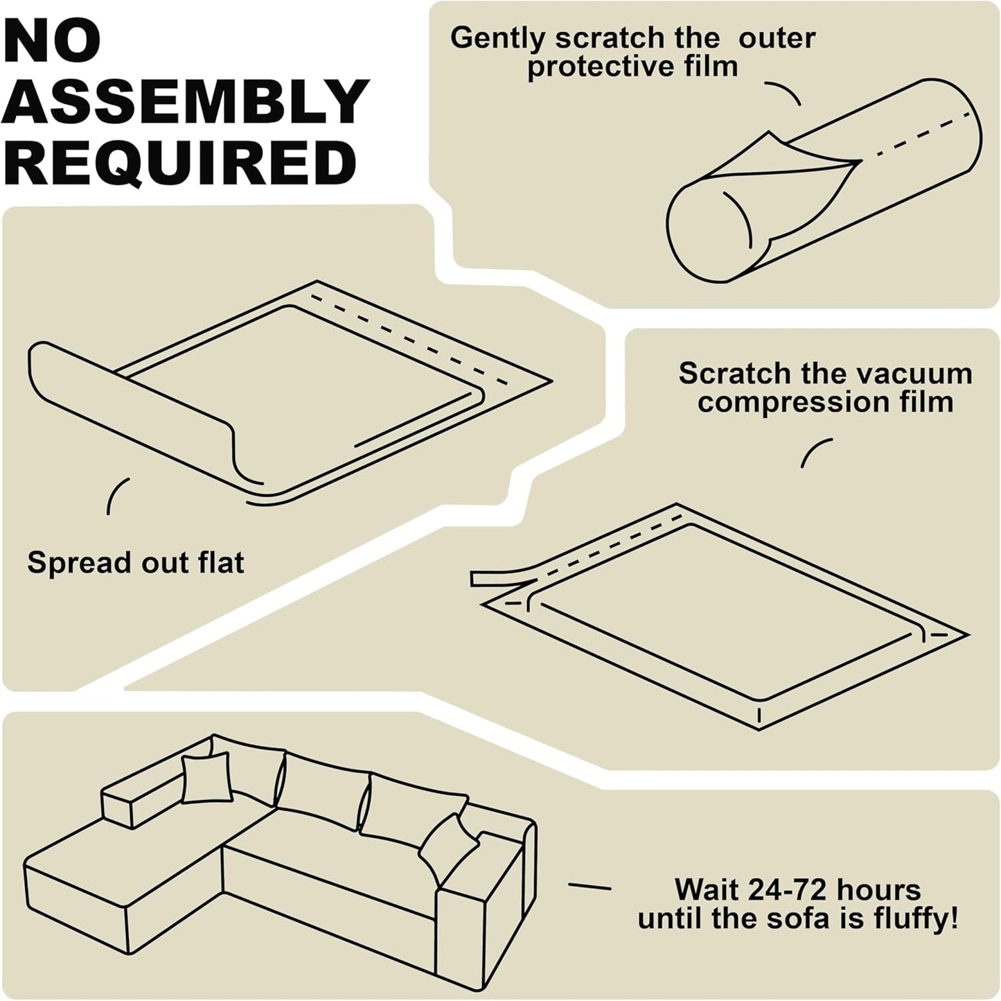 No assembly instructions for Beige L-Shape Modular Sectional Couch for Living Room, showing unpacking and setup process.