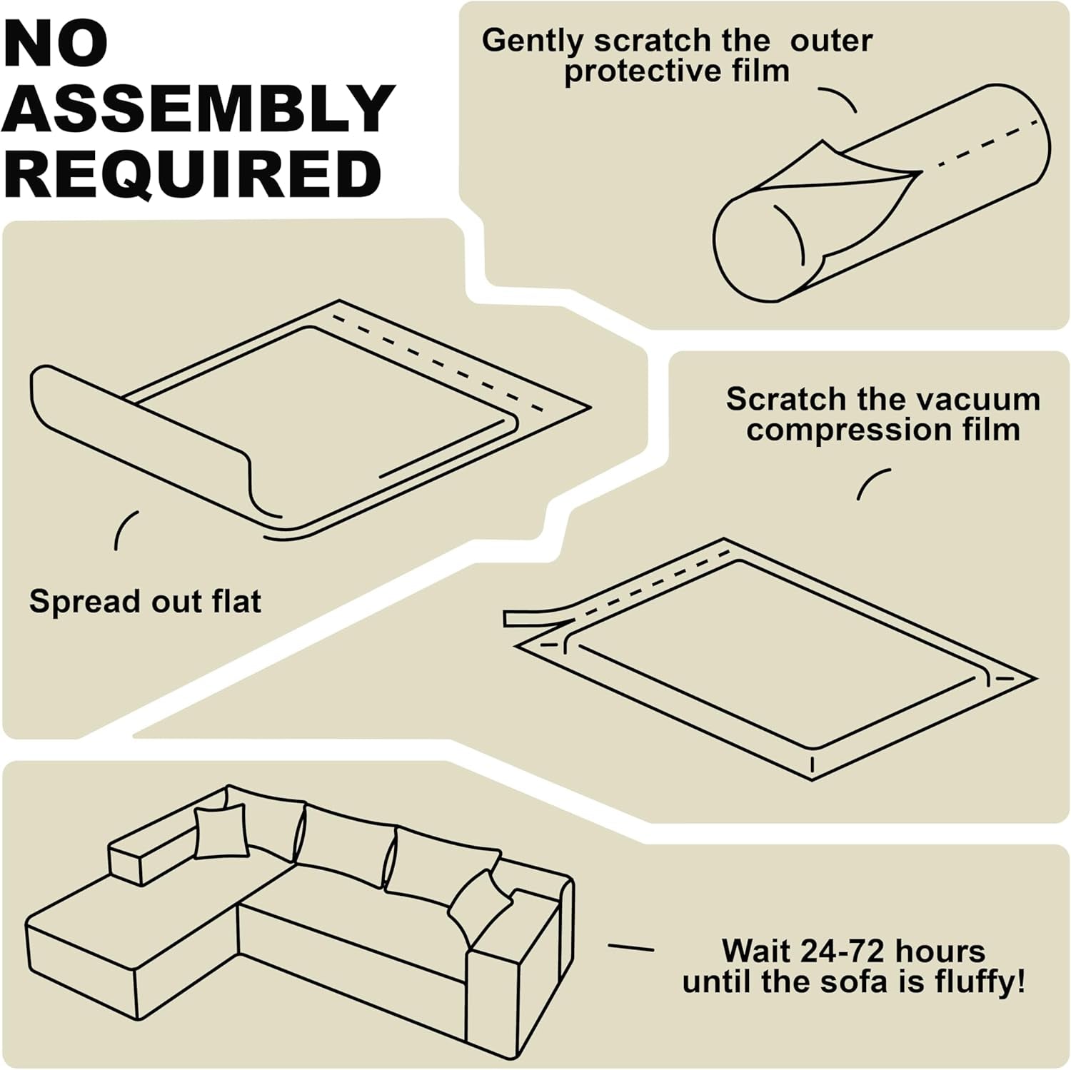 No assembly instructions for Beige L-Shape Modular Sectional Couch for Living Room, showing unpacking and setup process.