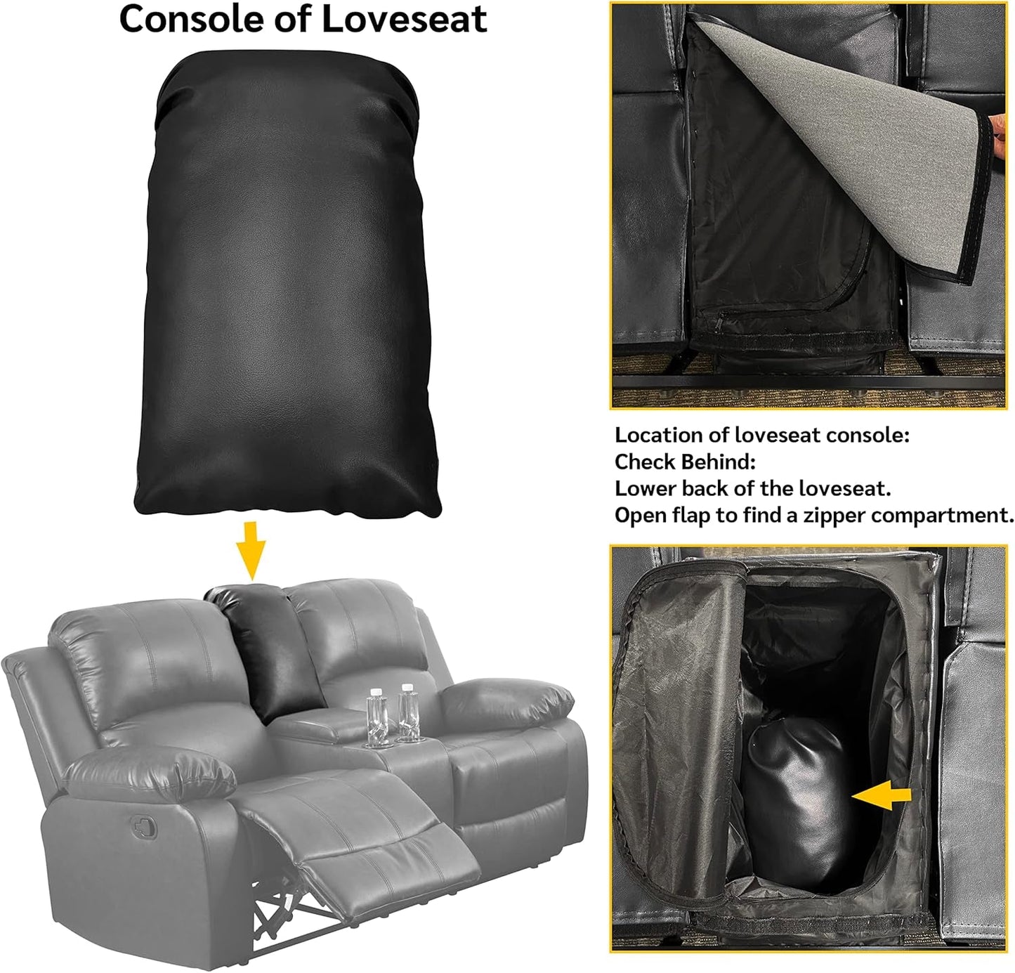 Beverly Fine 3 Piece Recliner Living Room Set Faux Leather with console storage detail in loveseat.