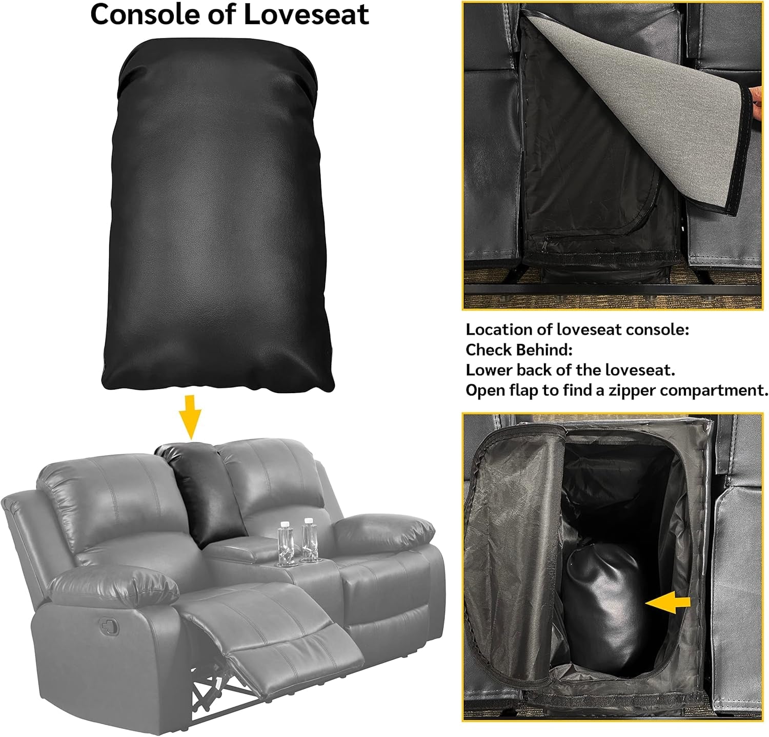 Beverly Fine 3 Piece Recliner Living Room Set Faux Leather with console storage detail in loveseat.