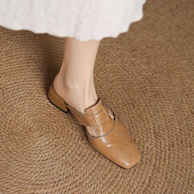Retro Closed Toe Half Slippers | Women’s Low Heel Summer Sandals in brown genuine leather on woven mat
