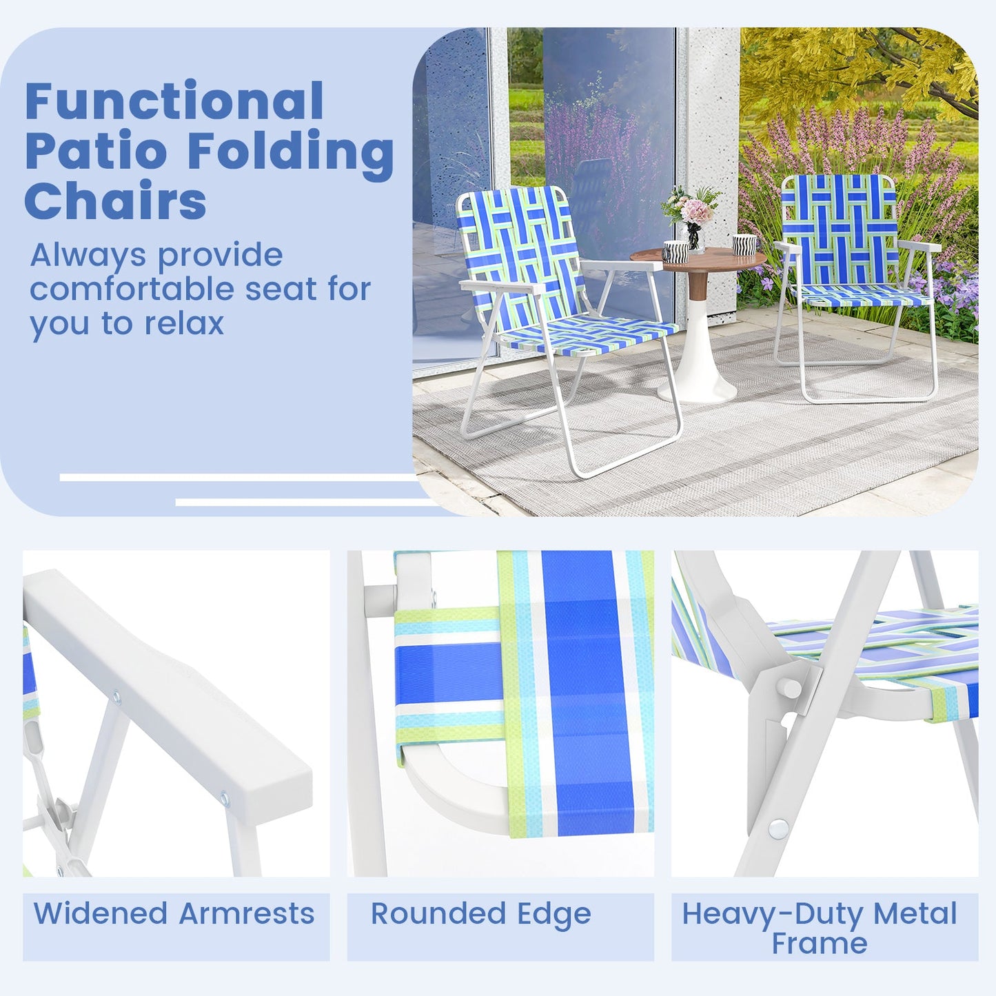 4 Pieces Folding Beach Chair Camping Lawn Webbing Chair-Blue with widened armrests and heavy-duty metal frame on patio