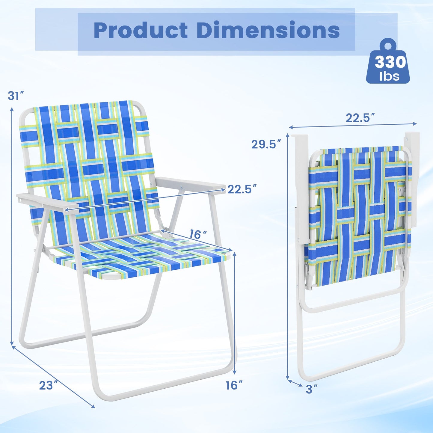 Dimensions of 4 Pieces Folding Beach Chair Camping Lawn Webbing Chair-Blue with sturdy steel frame and high-quality webbing.