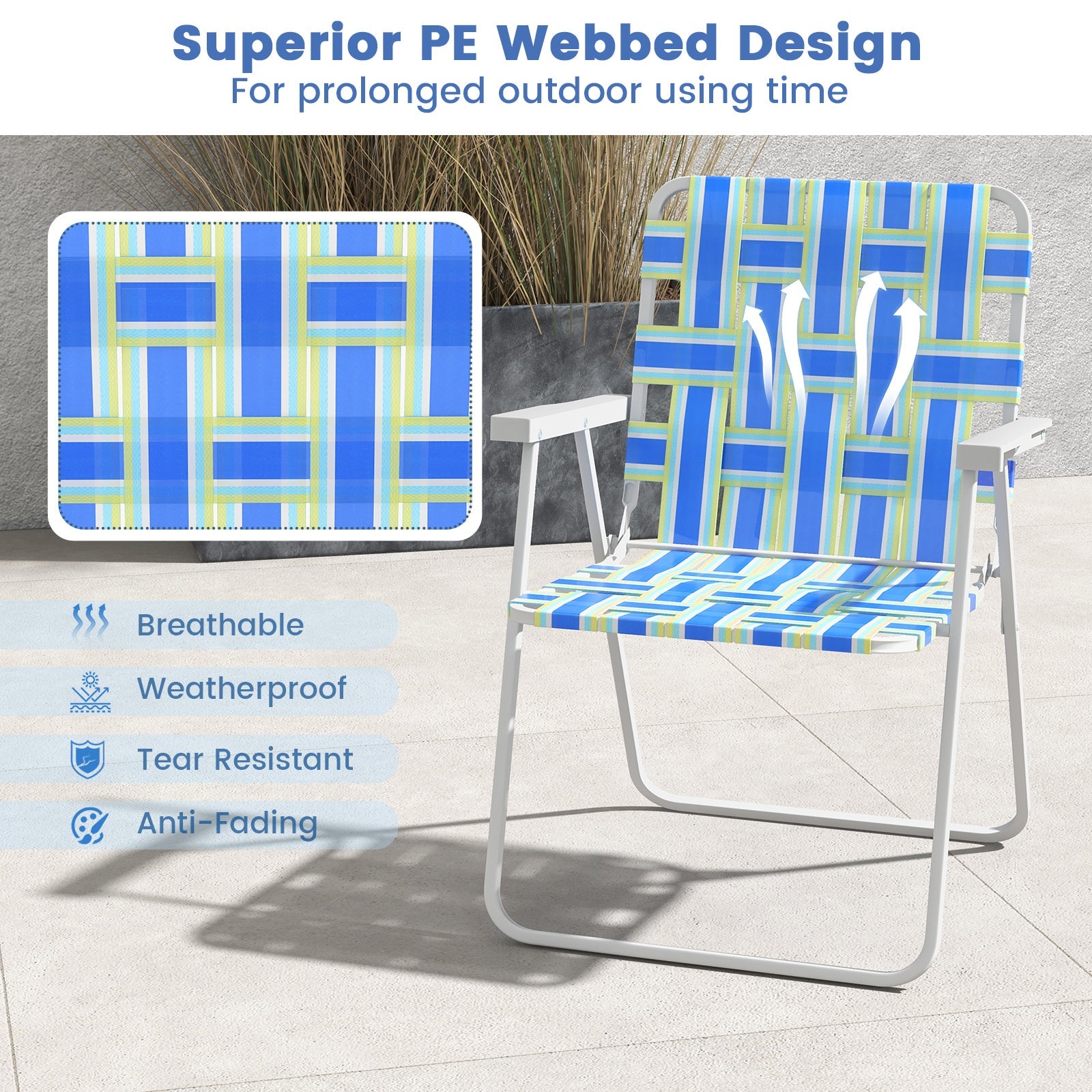 4 Pieces Folding Beach Chair Camping Lawn Webbing Chair-Blue with superior PE webbed design, weatherproof and tear resistant.