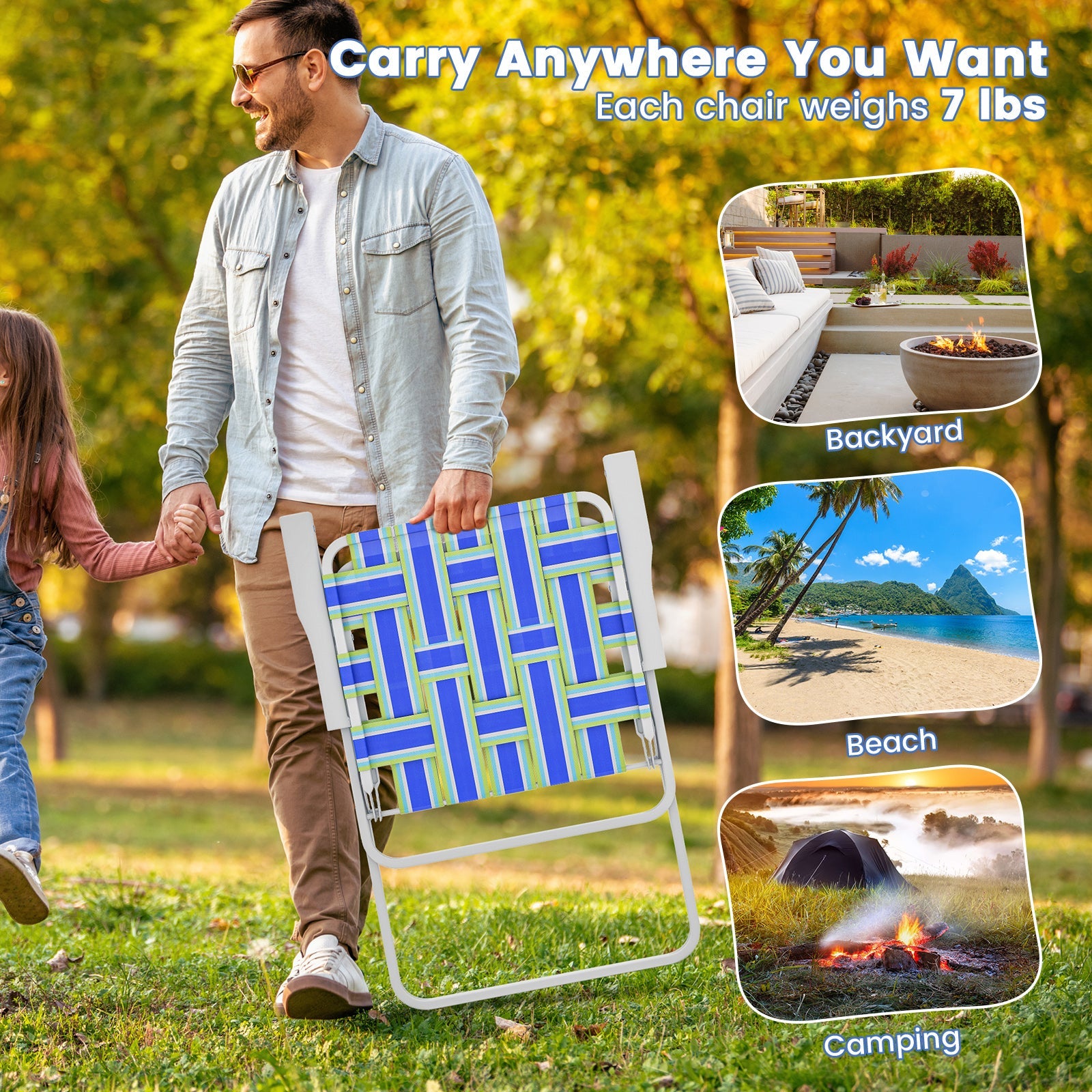 Man carrying 4 Pieces Folding Beach Chair Camping Lawn Webbing Chair-Blue with versatile use for backyard, beach, and camping.