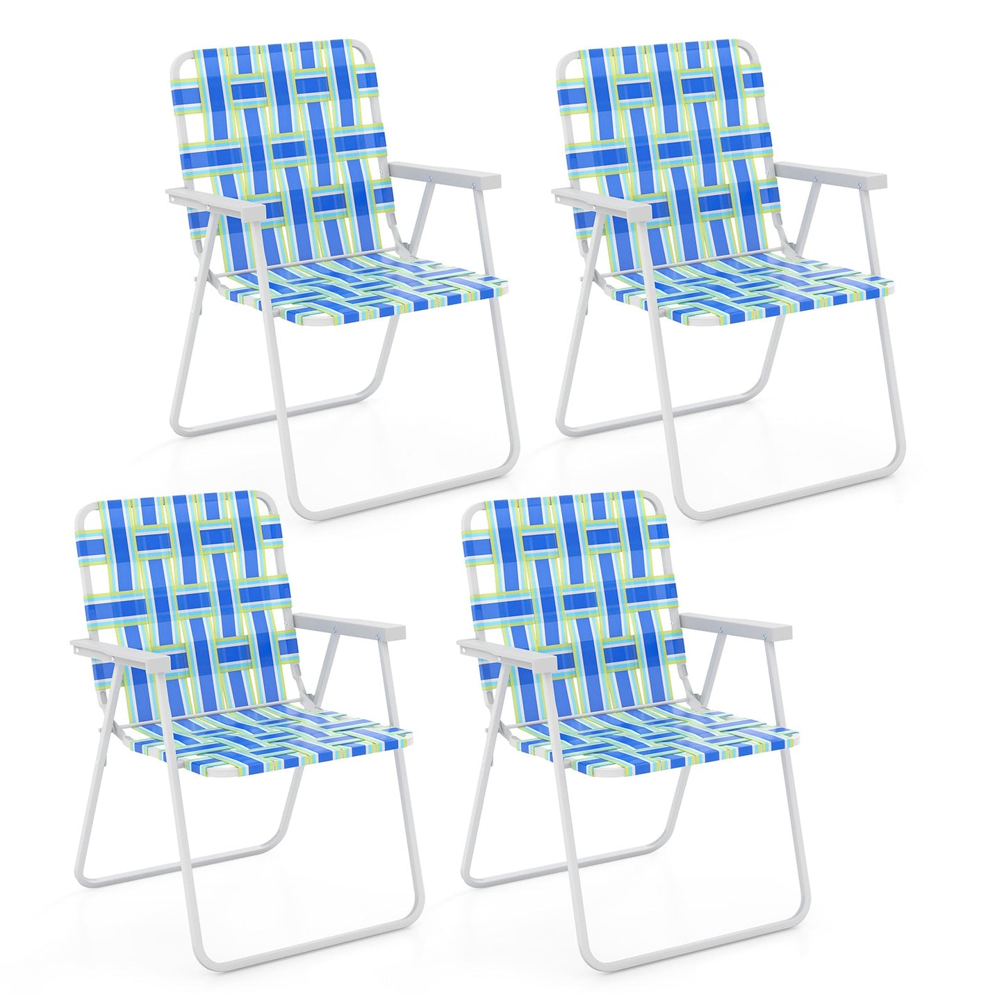 4 Pieces Folding Beach Chair Camping Lawn Webbing Chair-Blue, featuring lightweight, portable design, anti-rust steel frame, and vibrant blue pattern.