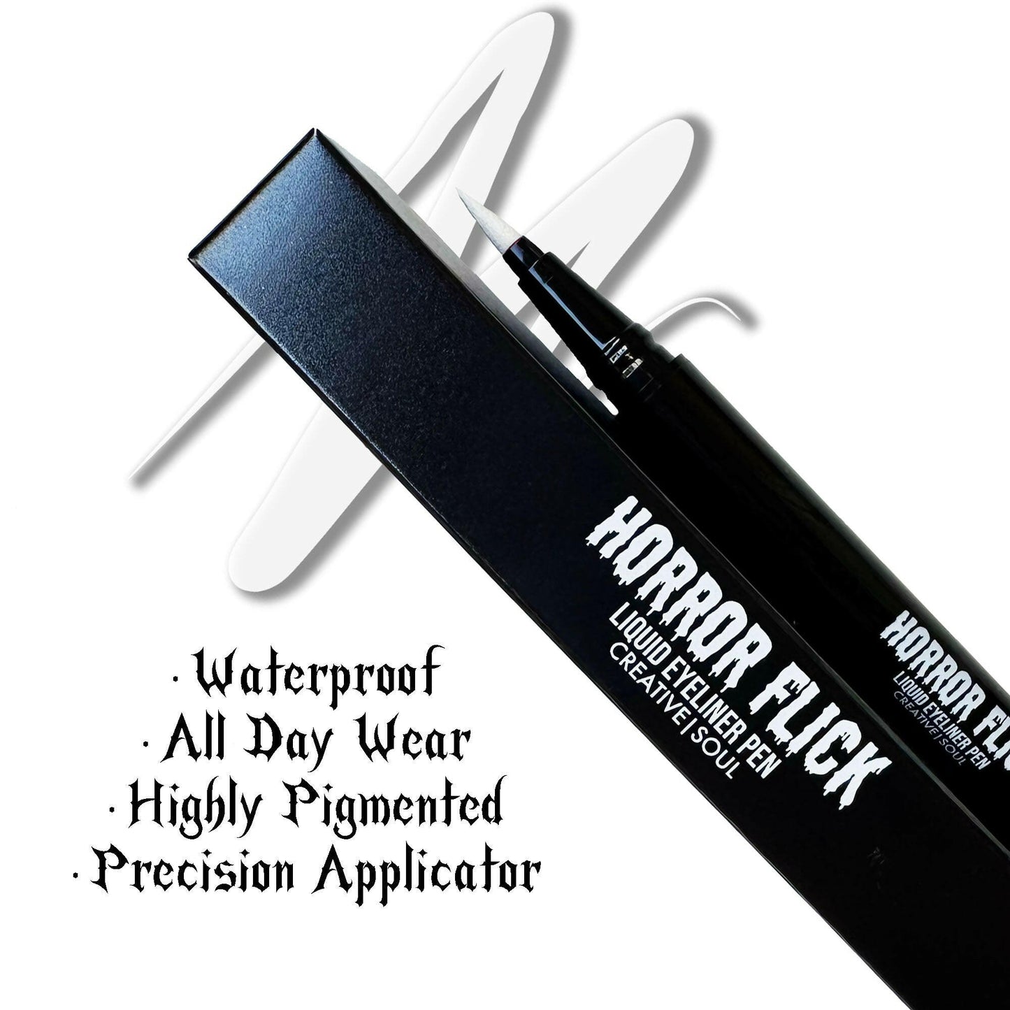 Bone: Horror Flick Liquid Eyeliner Pen with precise applicator in true white shade, waterproof and long-lasting.