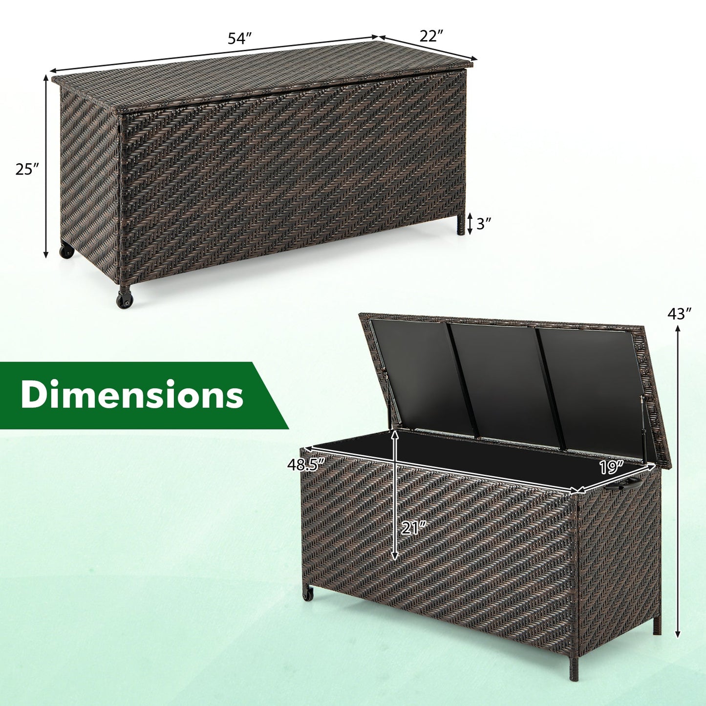 85 Gallon Outdoor Storage Box with Removable Liner and Universal Wheels-Brown, dimensions overview with lid open and closed