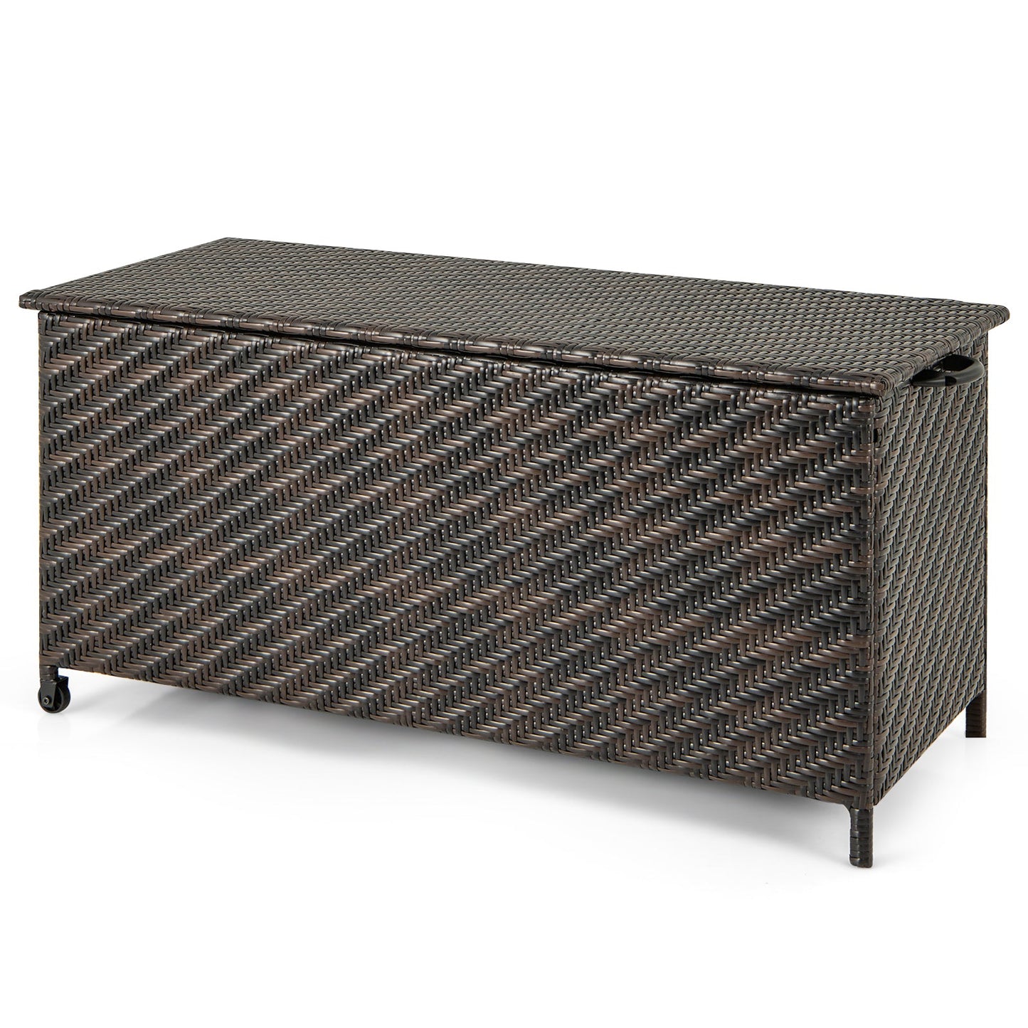85 Gallon Outdoor Storage Box with Removable Liner and Universal Wheels-Brown made of PE rattan with metal legs