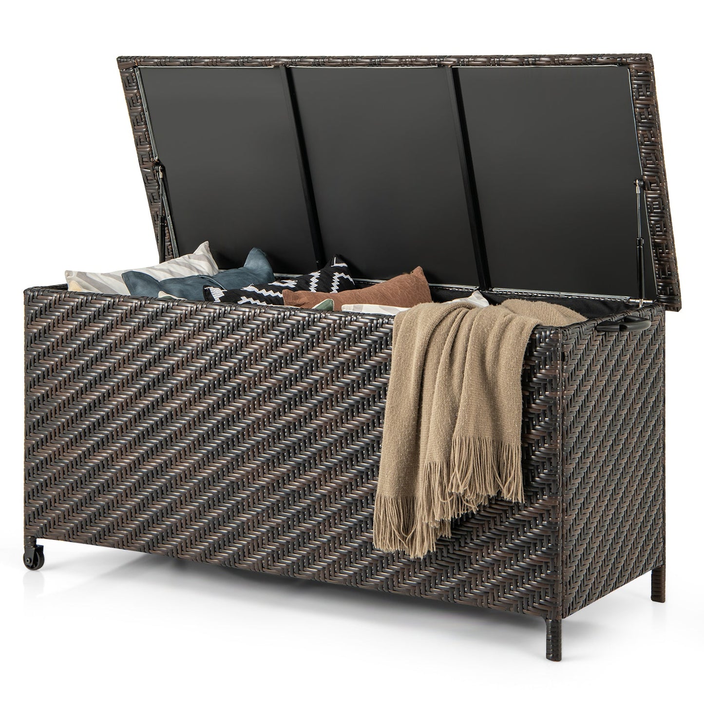 85 Gallon Outdoor Storage Box with Removable Liner and Universal Wheels-Brown, rattan design, open lid with cushions and blanket